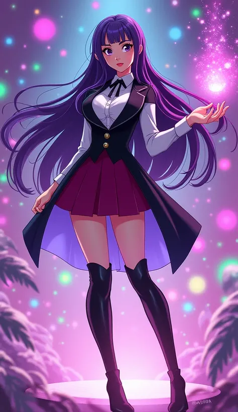 Zatanna from DC Super Hero Girls 2019, long purple hair, straight purple hair, sparkly purple hair, magical purple hair (Dark purple), Zatanna is a beautiful teenage girl with fair skin and a distinctive hourglass figure, thick light indigo hair that reach...