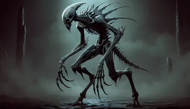  A creepy monster with a humanoid body and skeletal appearance ,  inspired by the original sketch and the first versions created .  It has long, bony limbs with sharp claws on its hands feet .  The head is flat and has a textured pattern , almost like a sh...