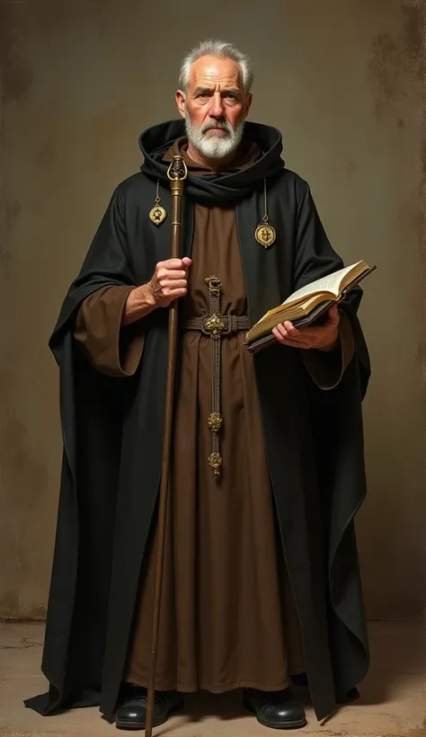 "São bento,  Benedictine saint ,  portrayed with his traditional habit .  He wears a dark brown tunic with simple belt drawstring,  a monks robe over his shoulders ,  and a black cover that covers his back . In your right hand,  holds a pilgrims staff with...