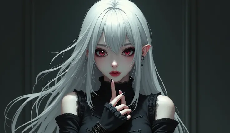 Anime Goth Girl Long White Hair with black bracelets