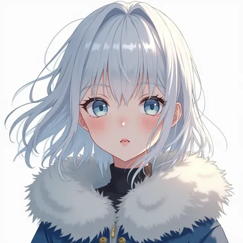 anime white hair and blue-eyed girl with a piercing in the left side of her lower lip, (close shot), wearing an eskimo jacket, windy hair, white background