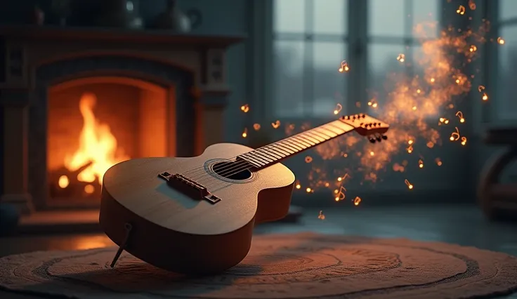 Create an image of a guitar emitting musical notes in front of a fireplace on a gray night