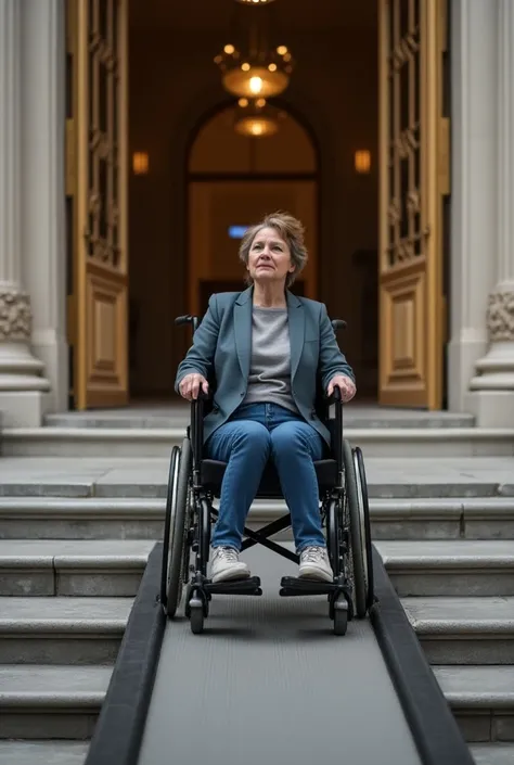  an adult woman in wheelchairs entering through a ramp for people with disabilities, The ramp is on the staircase to enter through the museum door  