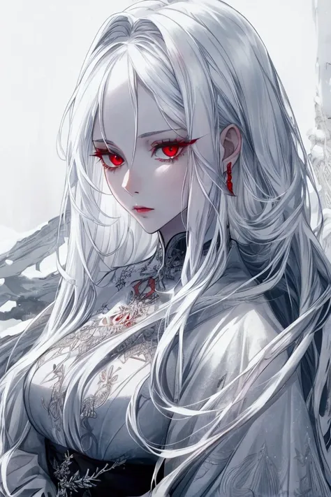 a beautiful very elegant woman, she has beautiful long white hair, red eyes, very white skin, on a snowy background.