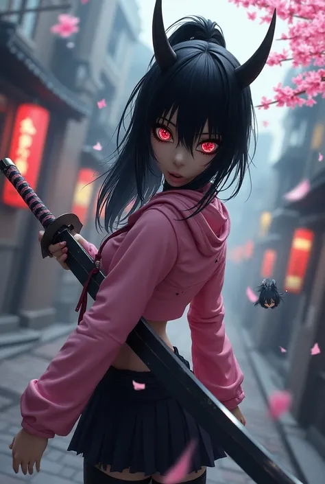 a heavy glitch effect hyper realistic surreal  female realistic character with a long katana inside a pink drop top and katana beside her, upper birdeye view, o-shaped pupils, anime-style Japanese city theme,wearing a oni half mask ,small anime character f...