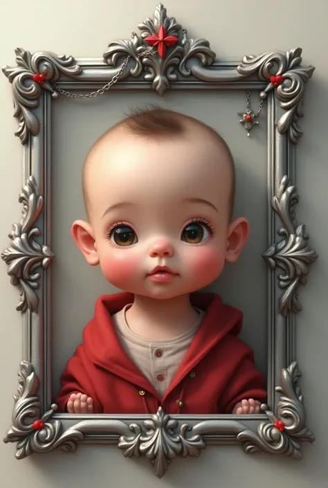 baby Darius super cute, big head, ultra realistic with silver frame and red details