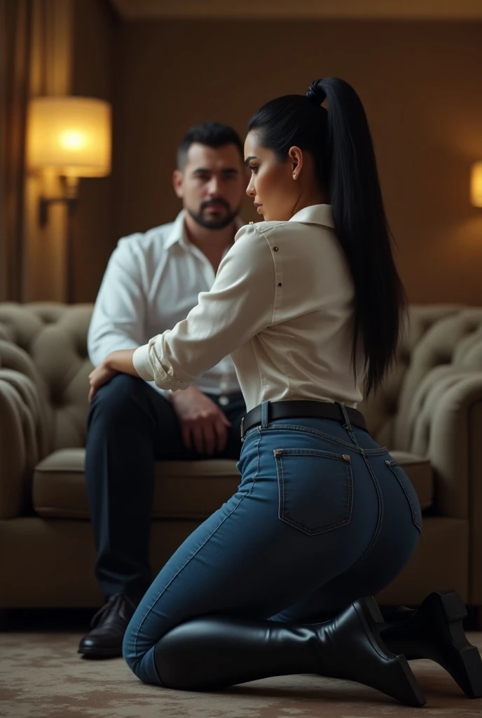 Kim Kardashian with black hair in a ponytail in a  White Satin Shirt, with collar and buttons and in very tight blue jeans and a wide black belt, in a hotel room , you can see her whole body , she wears black highknees, A tall man sits on a couch, Kim knee...