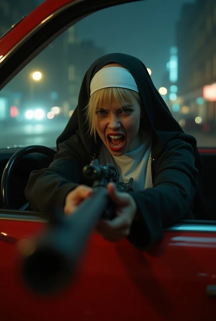 Nun with a crazy face .  Blond hair inside a red car.  With a sniper rifle . urban landscape. at night with fog . with ultra detailed. Emphasis on the crazy face 