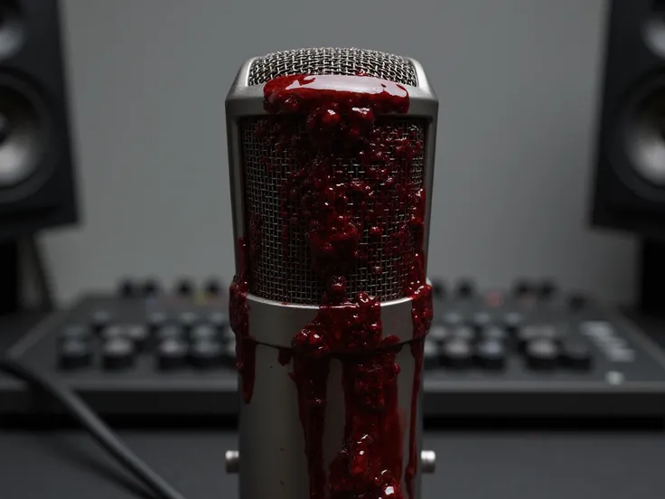 A studio microphone filled with blood