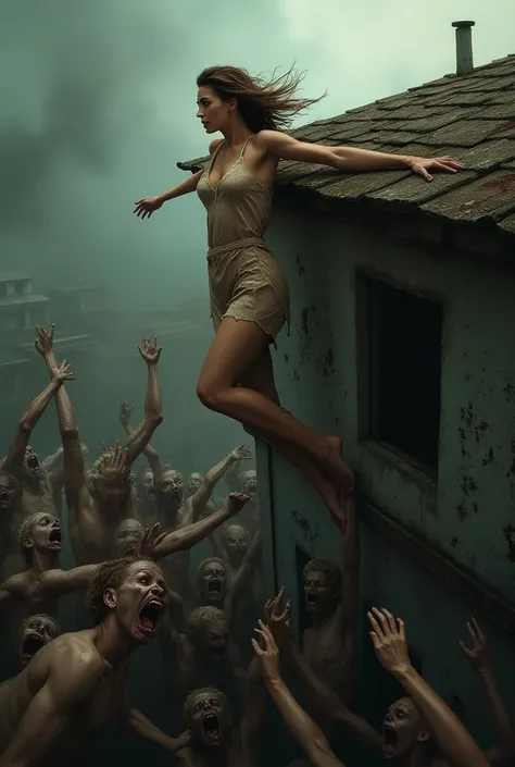 Beautiful woman,  hanging from one hand on a roof of a house. Zombies trying to reach her 