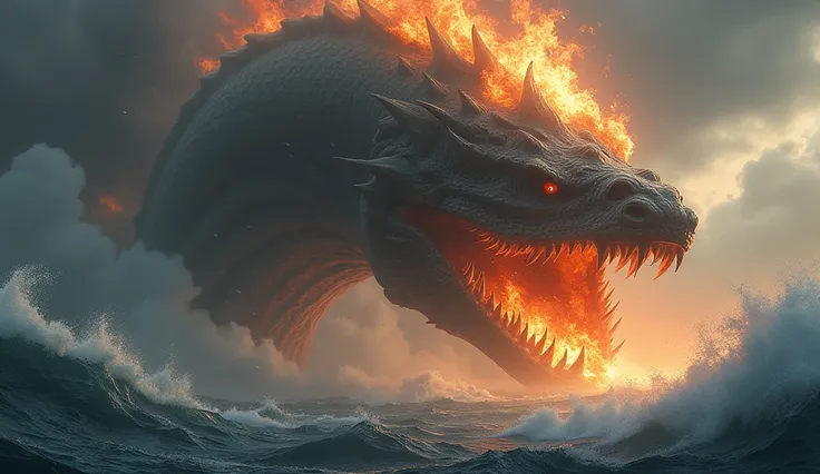 Leviathan breathing fire above the sea