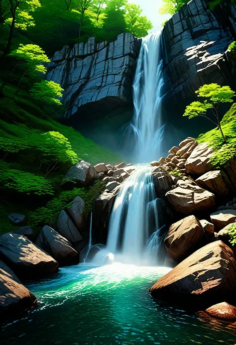 a breathtaking waterfall cascading down a rocky mountainside, lush green forest surrounding the scene, crystal clear water flowi...