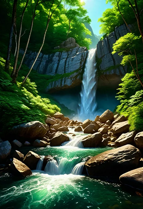 a breathtaking waterfall cascading down a rocky mountainside, lush green forest surrounding the scene, crystal clear water flowi...