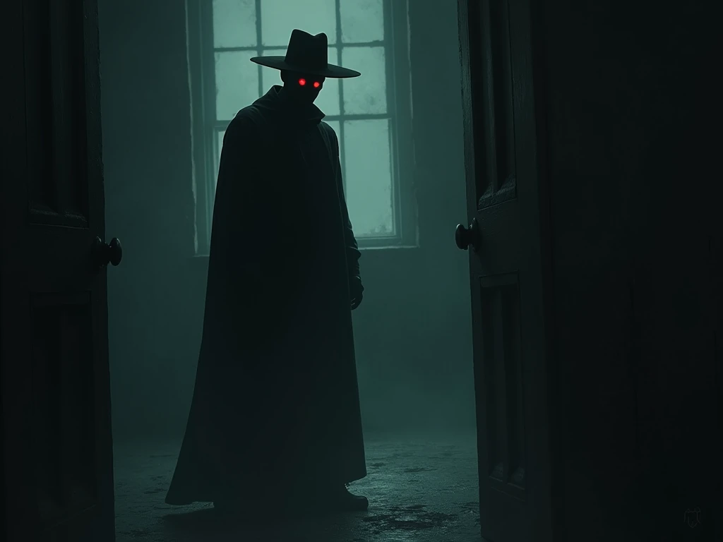 a dark dark room with a shadow of a tall man with a hat and red eyes standing near a window all in horror style 