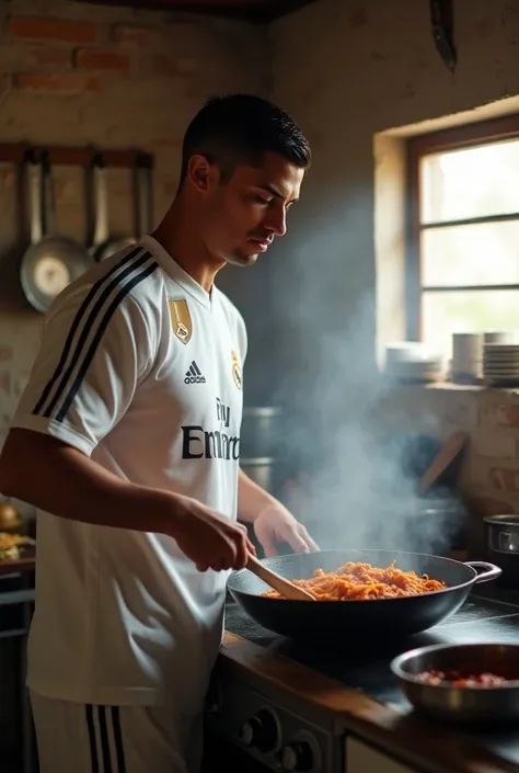 An image of Cristiano Ronaldo, wearing a Real Madrid uniform, cooking spaghetti bolognese in a humble kitchen in South America. The kitchen has brick walls, a small window through which sunlight enters, and basic kitchen utensils hanging on the wall. Crist...