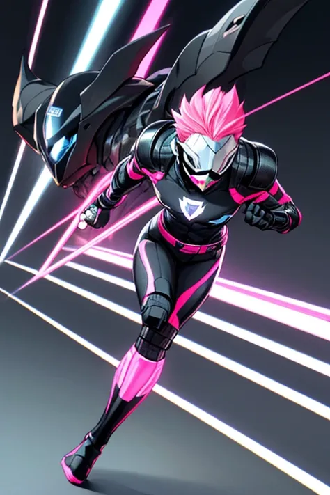 ((best quality)), ((masterpiece)), (detailed), 1 girl, full body, 20s, young adult, masked, black mask covering her entire head, smooth head, biker helmet, biker helmet with blue headphones on the sides, flashlight on her forehead, short pink hair coming o...