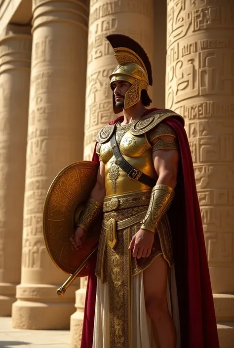 An Achaemenid soldier wearing a golden war helmet and special Achaemenid style robes, wearing shining armor and Persian symbols .  He holds a sword and a special Achaemenid shield and With dignity and power stands in front of the outstanding works of art a...