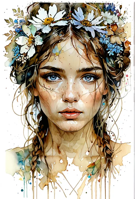 show full head extremely detailed portrait with flowers in her hair in a rough sketch coloured with watercolor, extremely detail...