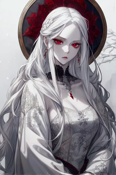 a beautiful very elegant woman, she has beautiful long white hair, red eyes, very white skin, on a snowy background, she has a stern expression.