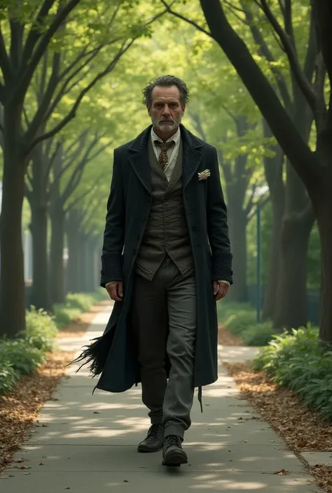 Sad man in old costume walking among a tree-lined sidewalk