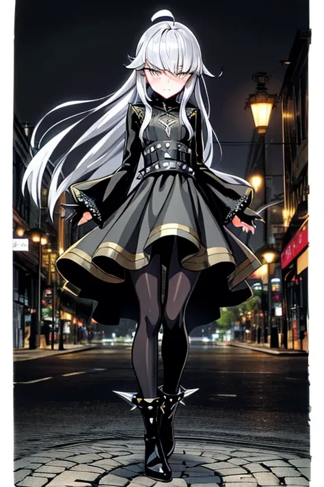 ((best quality)), ((masterpiece)), (detailed), 1 girl, Full body, s, embarrassed face, Silver eye, Grey hood, Blushing, Silver hair, Straight hair, long hair, ahoge, Bangs, Lock of hair covering right eye, Full body, very tall, small breasts, Slim body, Me...