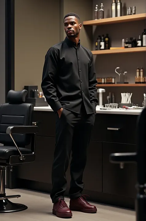 Barber in all-black uniform with Air Force sneakers 
Marron