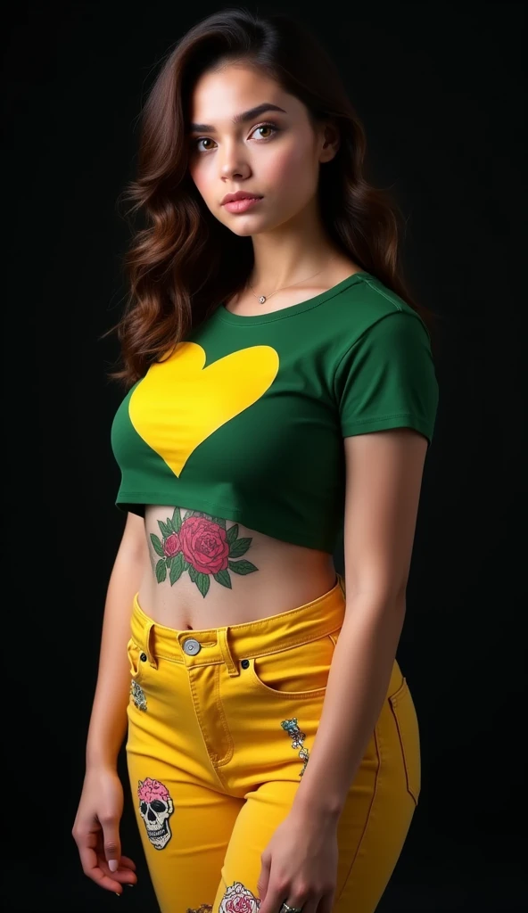 Black background, Beautiful young woman, about 28 years old, curvy figure, dark brown hair, left eye yellow, right eye green, yellow low rise jeans adorned with flower and skull patches, green cropped t-shirt with a yellow heart design, rose tattoo on stom...