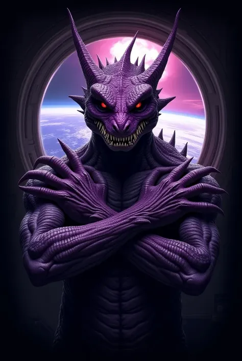 Totally realistic portrait-like design and colors. Totally realistic design and colors similar to a photograph.  A humanoid with reptilian features and purple color ,  with a penetrating diabolical gaze .  He is in his spaceship ,  is of a reptilian race ....