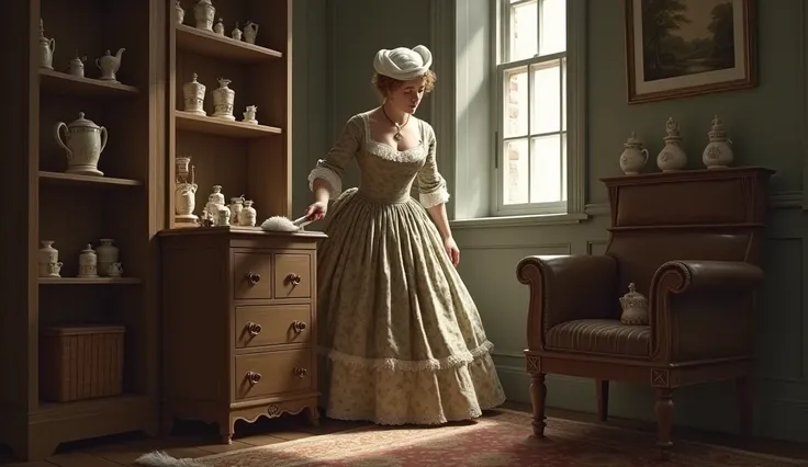 A middle-class Englishwoman in the mid-1700s, wearing a “robe à l’anglaise” gown with fitted bodice and a slight bustle. The dress is made from cotton in a muted floral pattern, with a lace fichu tucked into the neckline. Her sleeves are fitted and end jus...