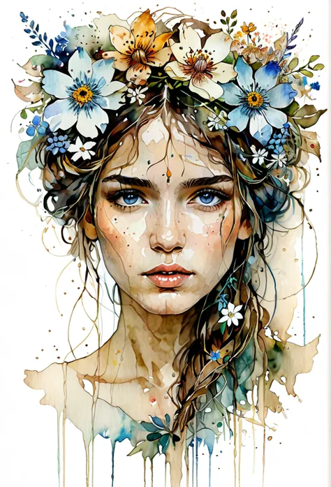 show full head extremely detailed portrait with flowers in her hair in a rough sketch coloured with watercolor, extremely detail...