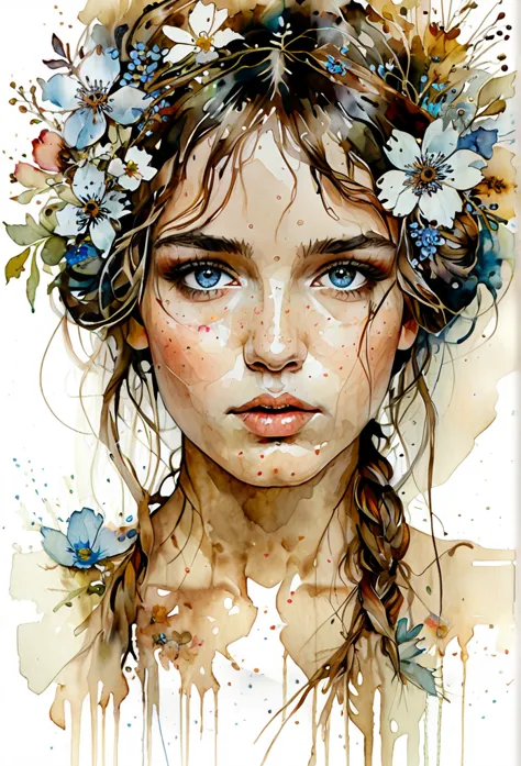 show full head extremely detailed portrait with flowers in her hair in a rough sketch coloured with watercolor, extremely detail...