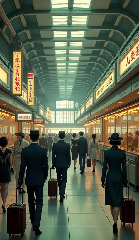 A bustling Tokyo airport terminal in the 1950s, with travelers dressed in vintage clothing, Japanese signage, and customs officers in period uniforms, examining luggage and documents.