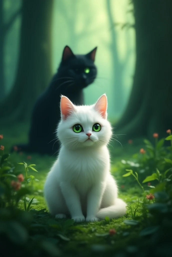  A white cat with green eyes in the forest with behind her, A mysterious black cat shadow  