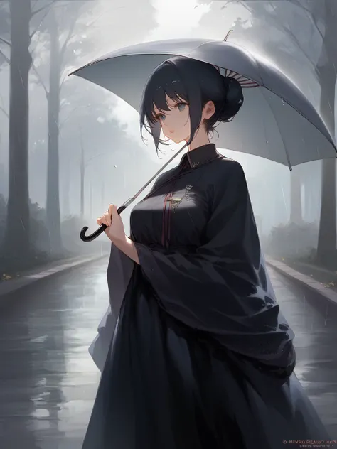 hatsune miku, 1girl, walking in a park, rainy day, holding umbrella, black and white, dramatic shadows, photorealistic, highly detailed, cinematic lighting, intricate background, moody atmosphere, soft focus, mist, delicate features, beautiful detailed eye...