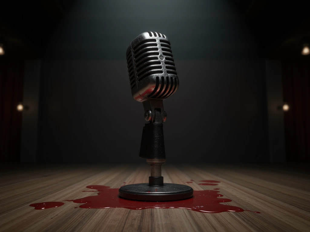 A studio microphone with blood dripping on it