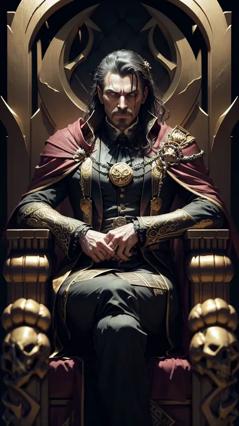 “A sinister king representing the U.S. dollar sits on a dark, imposing throne, his face contorted into a cruel grin. His attire is that of a powerful bureaucrat, with red liquid, symbolizing greed and corruption. Stacks of crumpled dollar bills, some of th...