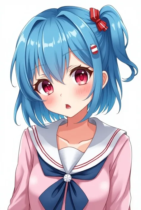 blue hair，red eye，anime female high school student，All white background，Surprised expression，vtuber ,2D