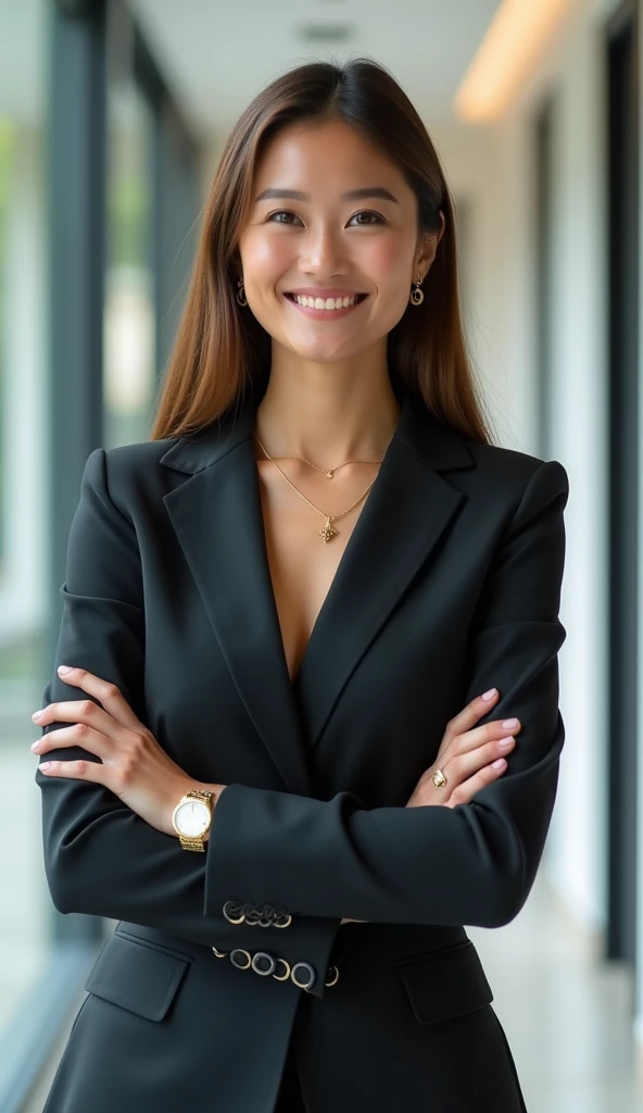 A 32-year-old Caucasian woman with long, straight hair is wearing an elegant outfit. She is standing in a naturally lit office hallway with large windows in the background. Her expression is confident and welcoming, with a slight smile, while she keeps her...