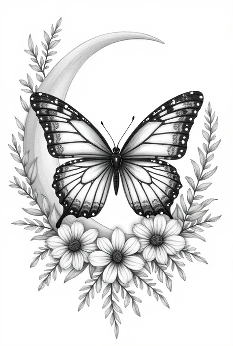 mariposa. blackwork. flores. Made with a moon in the background