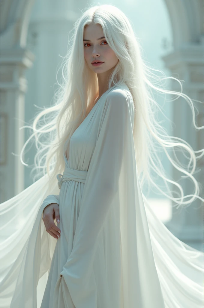 Beautiful, slender woman with white hair and skin. Her eye color is red. She wears a white robe with a thin cloth over it.