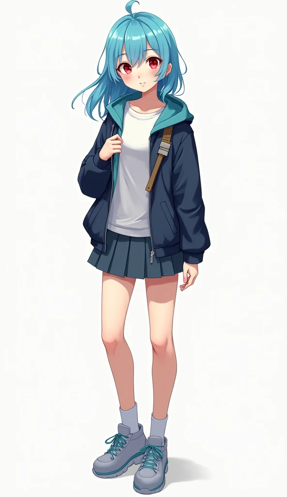 Female high school student, Background white，Red Eye Blue Hair，vtuber2d model