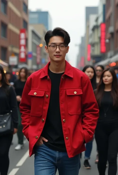 a 25 year old Korean man wearing a red jacket with face looking is taking a leisurely walk in the city and many women are loving it 