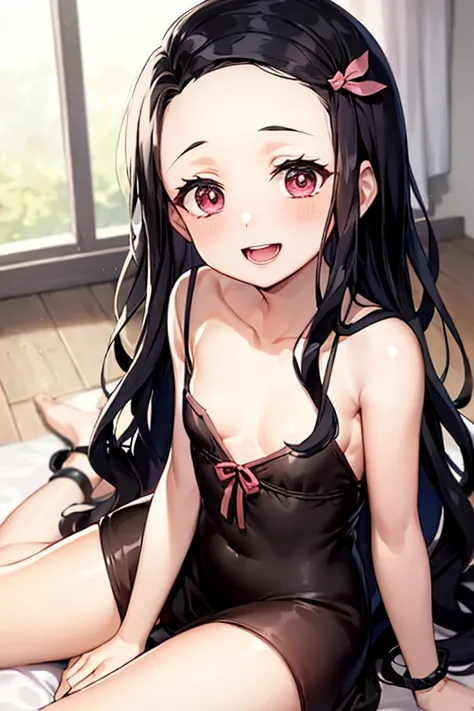 ((Best Quality)), ((masterpiece)), (be familiar with),  perfect face, indoor, bedroom,  watching viewers ,
One woman, Kamado Nezuko,
 characters with open mouth ,  ecstatic expression, blush, smile,
Small breasts,  flat chest, Young girl, Lori,  kids,  gir...