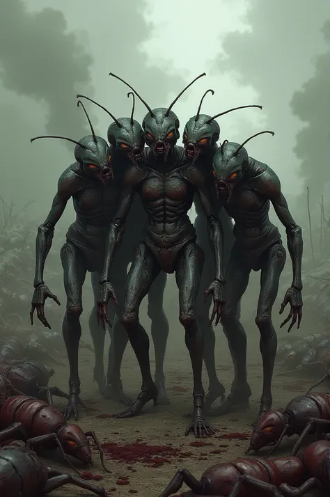  Generate a group of wounded humanoid ants, against a war background with dead ants  