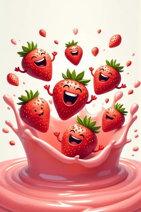 A lively group of five or six cartoonish strawberries floating in a splash of milk and strawberry juice, each with a big smile and a joyful expression. Some are waving their tiny arms, a few are dancing with excitement, and others are laughing happily. Eac...