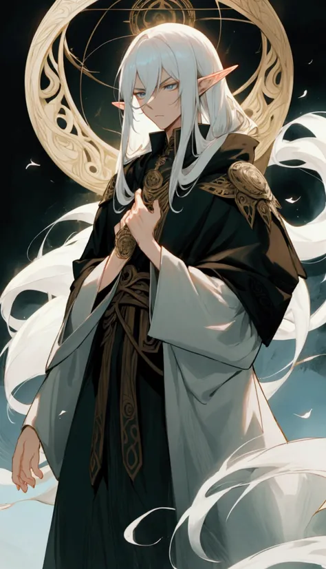  The image portrays a slender male elf in the anime style ,  with an enigmatic and powerful presence .  She has long, white hair that flows smoothly around her , giving an ethereal touch to your appearance.  His pointed ears and calm expression , but inten...