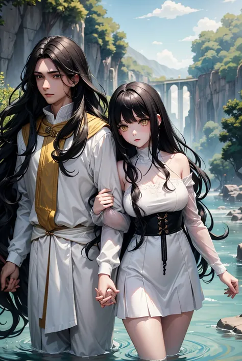 Girl with white skin and green eyes,  black hair  ondulados,  bangs and long wavy hair ,  black hair ,  white dress holding the hand of a man with gray hair and yellow eyes, White skin in the medieval setting inside a river  