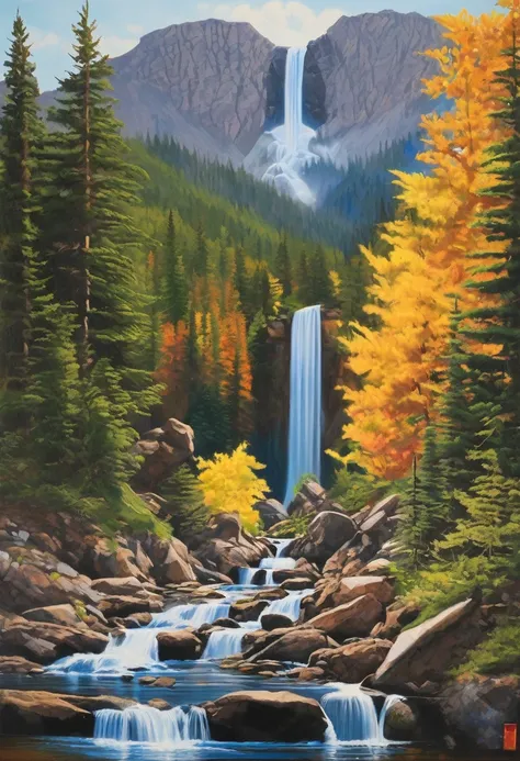 painting of a waterfall in the mountains with a mountain in the background, by Michael Sutfin, cascading, cascading waterfalls, 2021 award winning painting, 2 0 2 1 award winning painting, by Don Reichert, with waterfalls, by Roy Newell, 2 0 2 0 award winn...