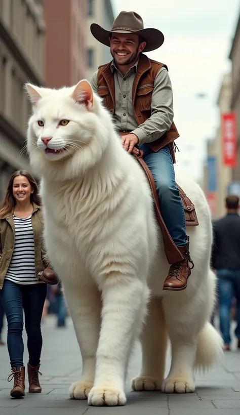 A highly realistic image of a young  dressed as a cowboy, complete with a wide-brimmed cowboy hat, leather vest with fringe, and jeans, sitting comfortably atop an enormous white Maine Coon cat. The  is smiling gently while holding onto the cat, as if ridi...