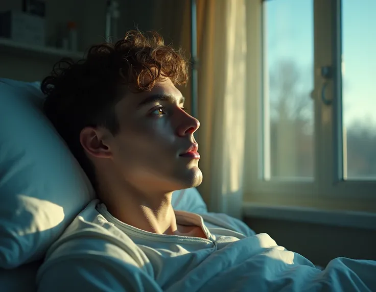 a young man in a hospital room looking out the window, longing to go outside, detailed facial features, beautiful detailed eyes, beautiful detailed lips, extremely detailed eyes and face, long eyelashes, hospital bedding, medical equipment, sunlight stream...